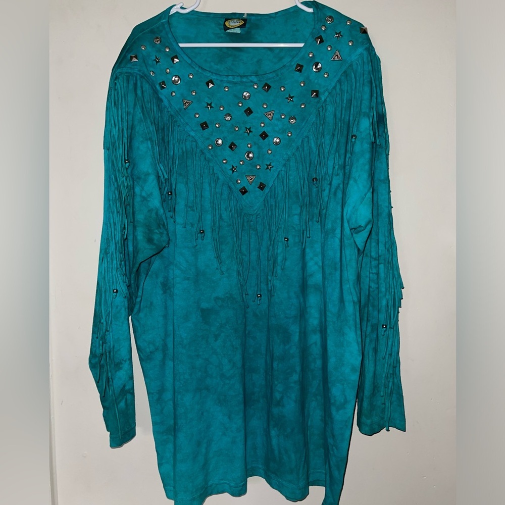 Women's Oversize Vintage Fringe Studded Long Sleeve Dress